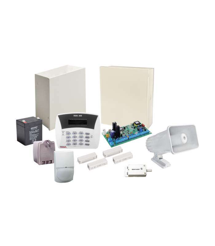 Kit de Alarma PIMA Hunter8 todo Incluido. Bateria, Transformador, Sirena, Teclado, 2 Contactos Magneticos y un sensor de Movimiento